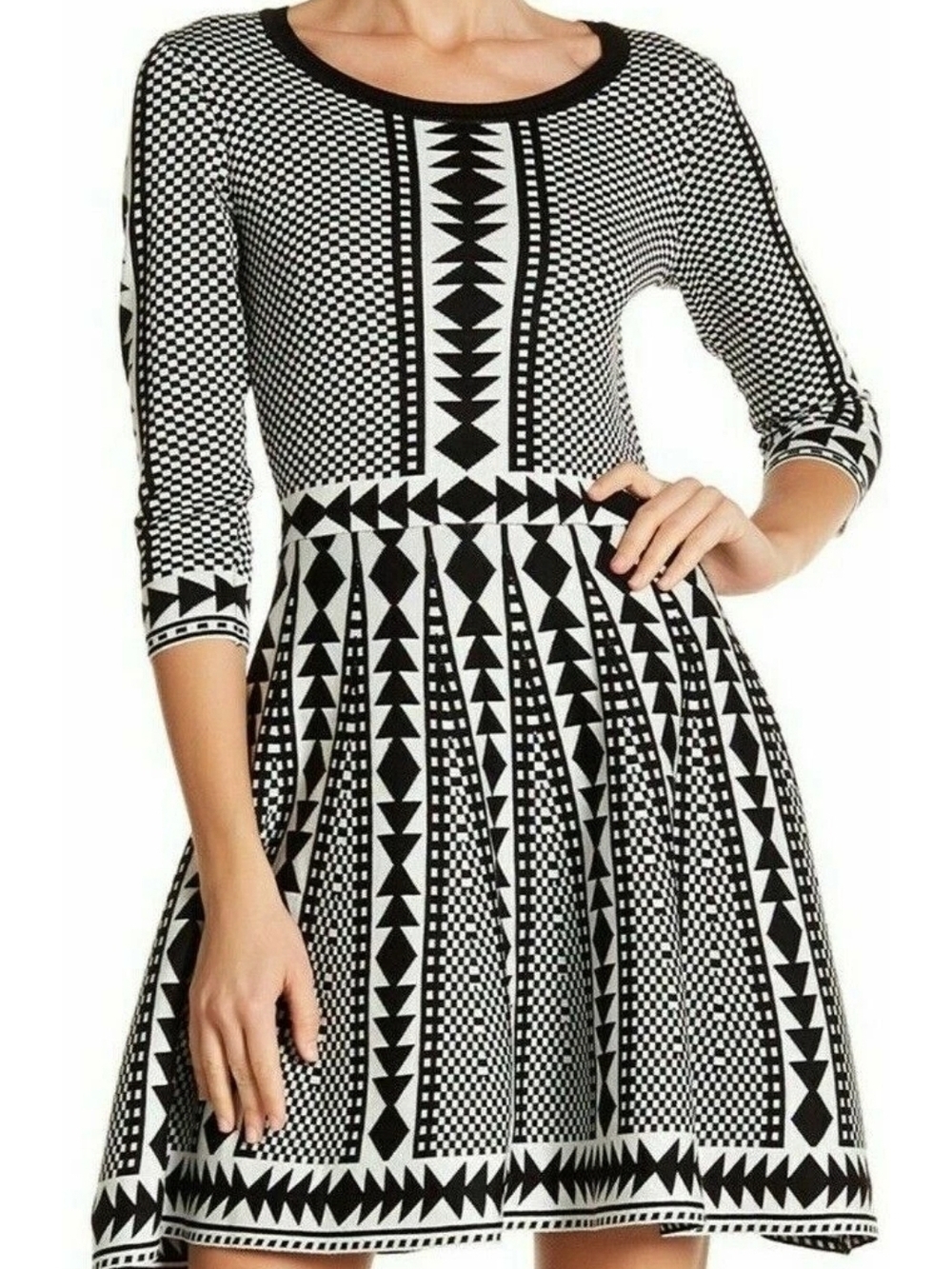 Nina Leonard Black and White Long Sleeve Geometric Fit-and-Flare Dress